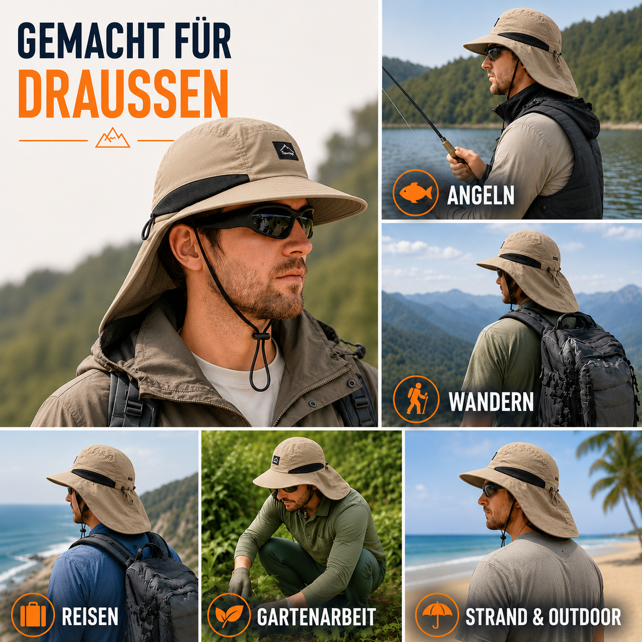 Sonnenhut Damen | Breiter Fischerhut mit Nackenschutz 6