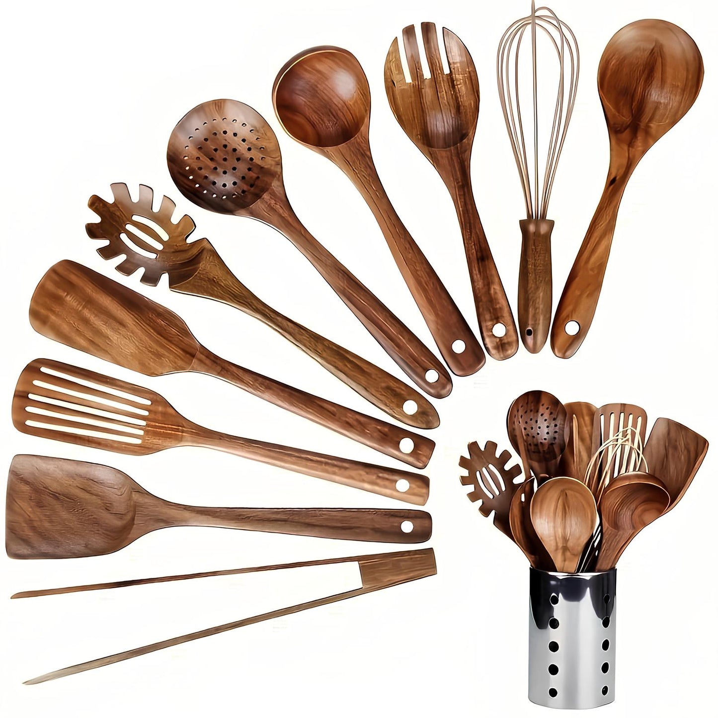 Teakholz Küchenwerkzeugset | 11-teilig mit Halter 0
