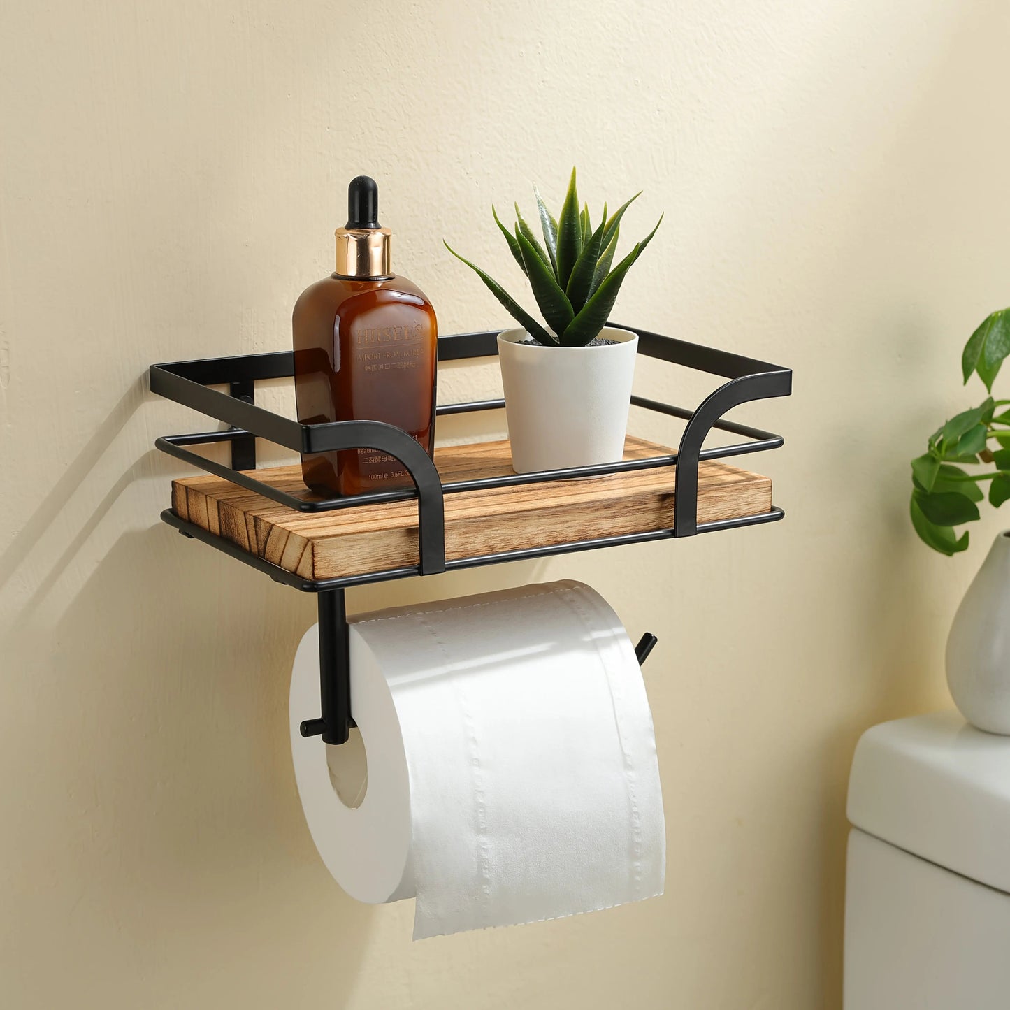 Wandregal mit Toilettenpapierhalter | Badezimmerregal aus Metall und Holz 0