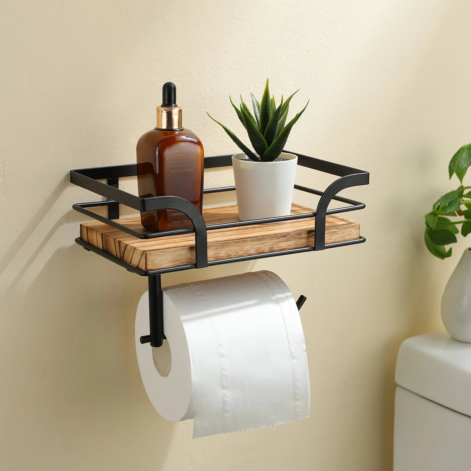 Wandregal mit Toilettenpapierhalter | Badezimmerregal aus Metall und Holz 0
