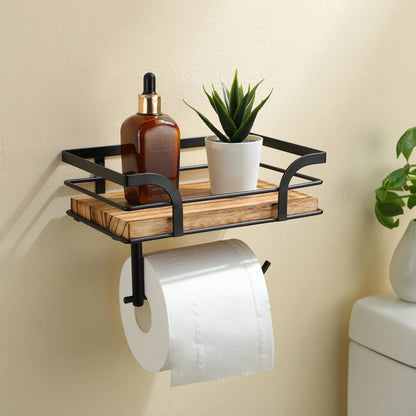 Wandregal mit Toilettenpapierhalter | Badezimmerregal aus Metall und Holz 0