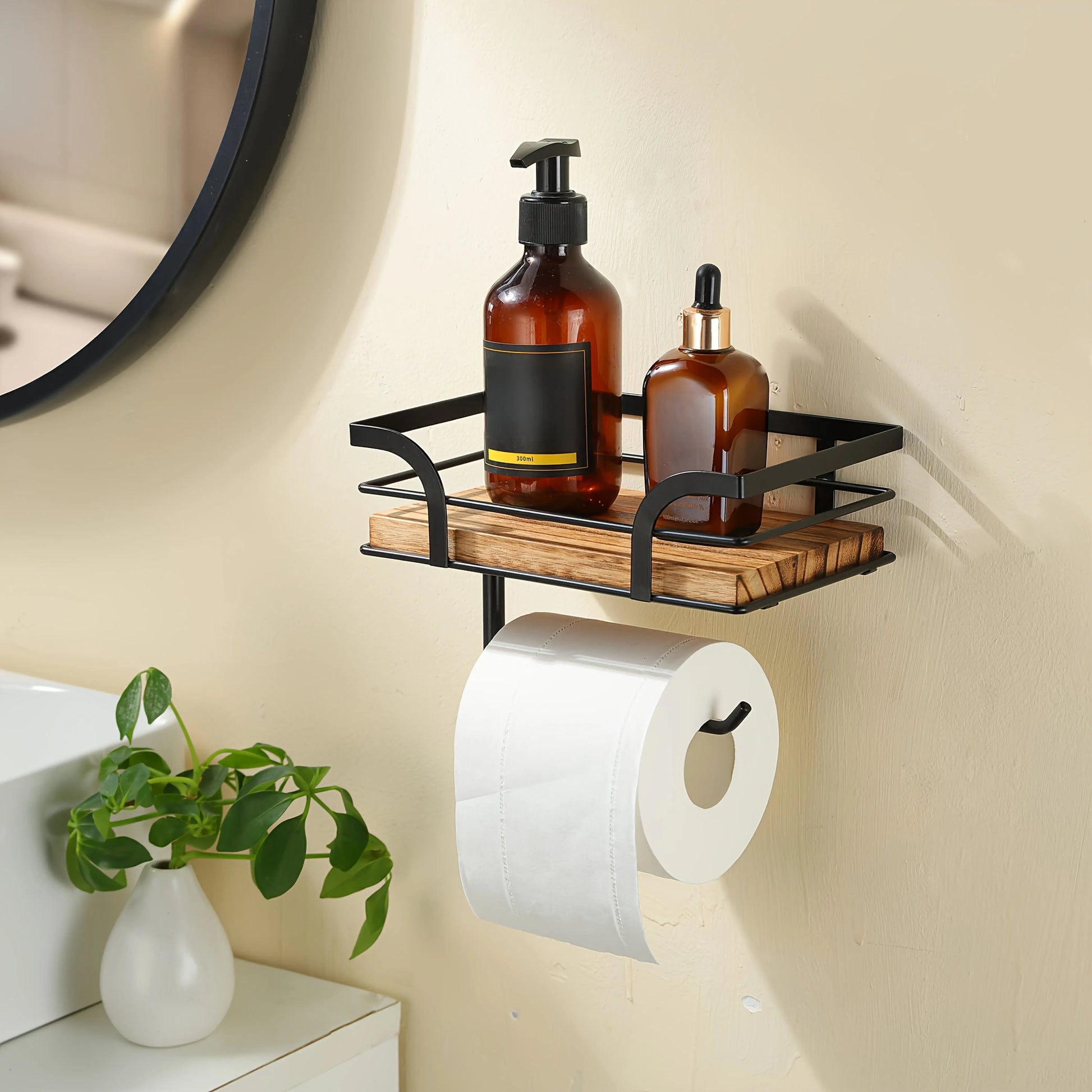Wandregal mit Toilettenpapierhalter | Badezimmerregal aus Metall und Holz 1