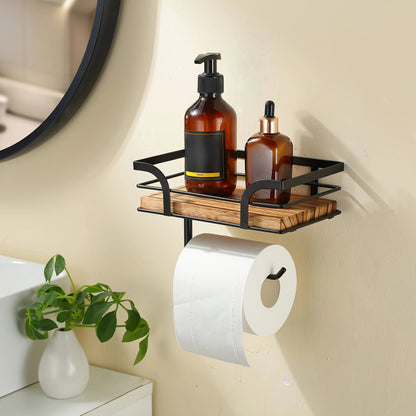 Wandregal mit Toilettenpapierhalter | Badezimmerregal aus Metall und Holz 1