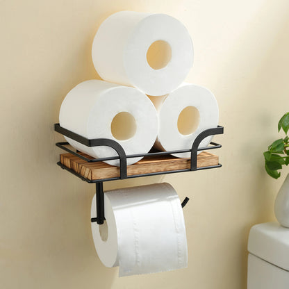Wandregal mit Toilettenpapierhalter | Badezimmerregal aus Metall und Holz 2
