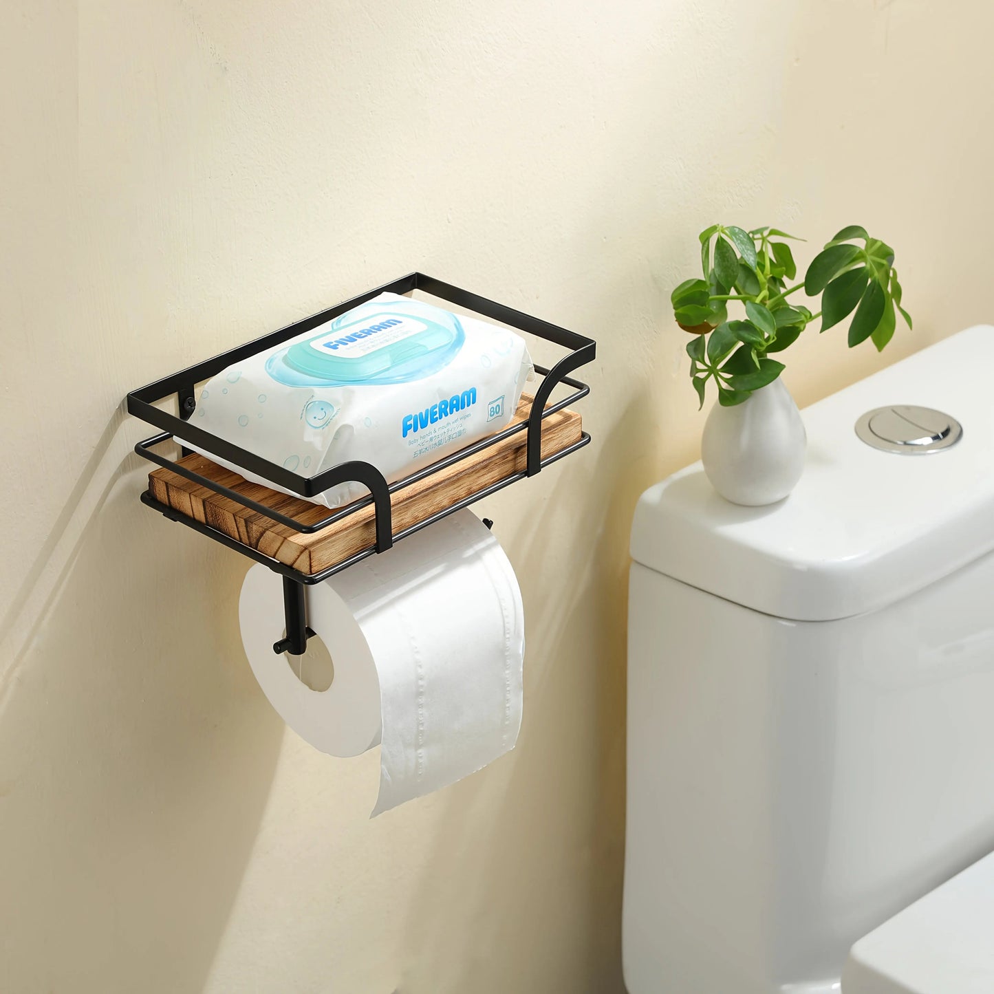 Wandregal mit Toilettenpapierhalter | Badezimmerregal aus Metall und Holz 3