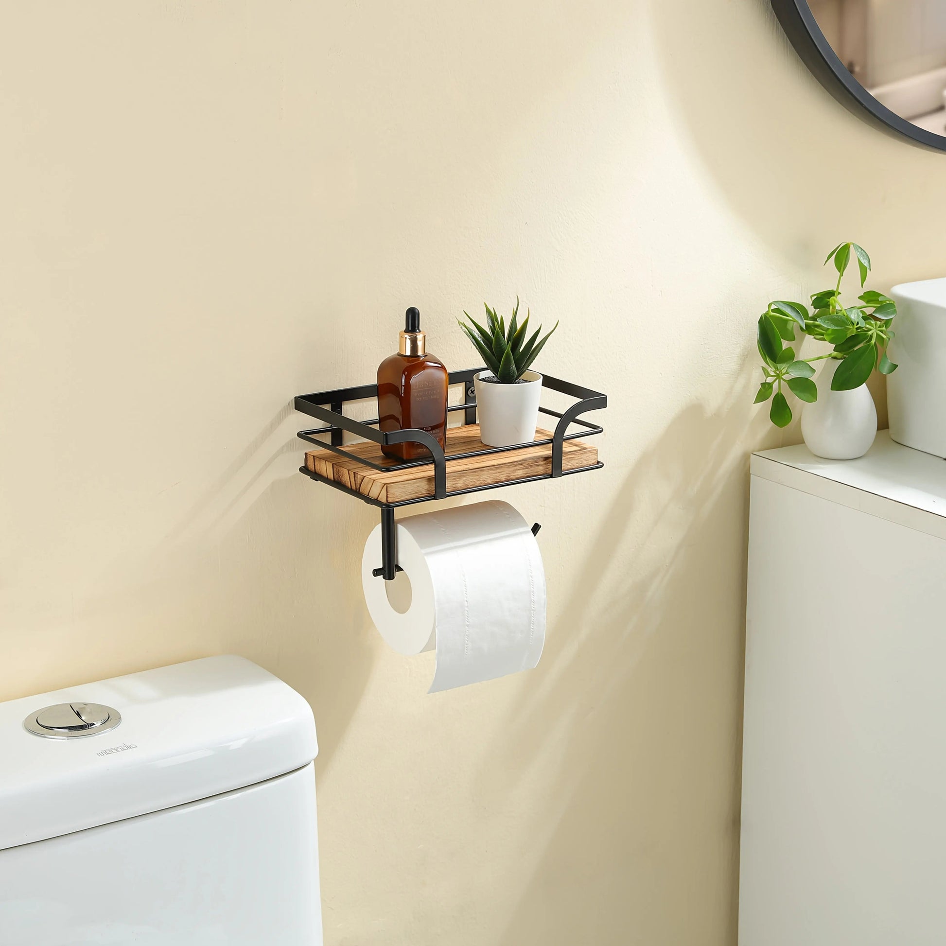 Wandregal mit Toilettenpapierhalter | Badezimmerregal aus Metall und Holz 4