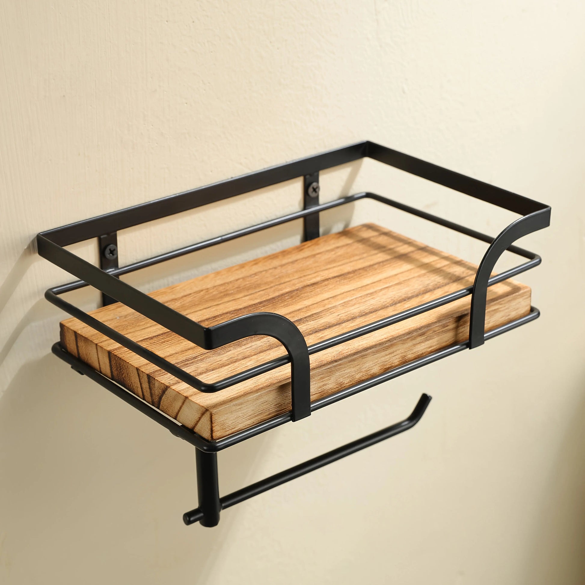 Wandregal mit Toilettenpapierhalter | Badezimmerregal aus Metall und Holz 5
