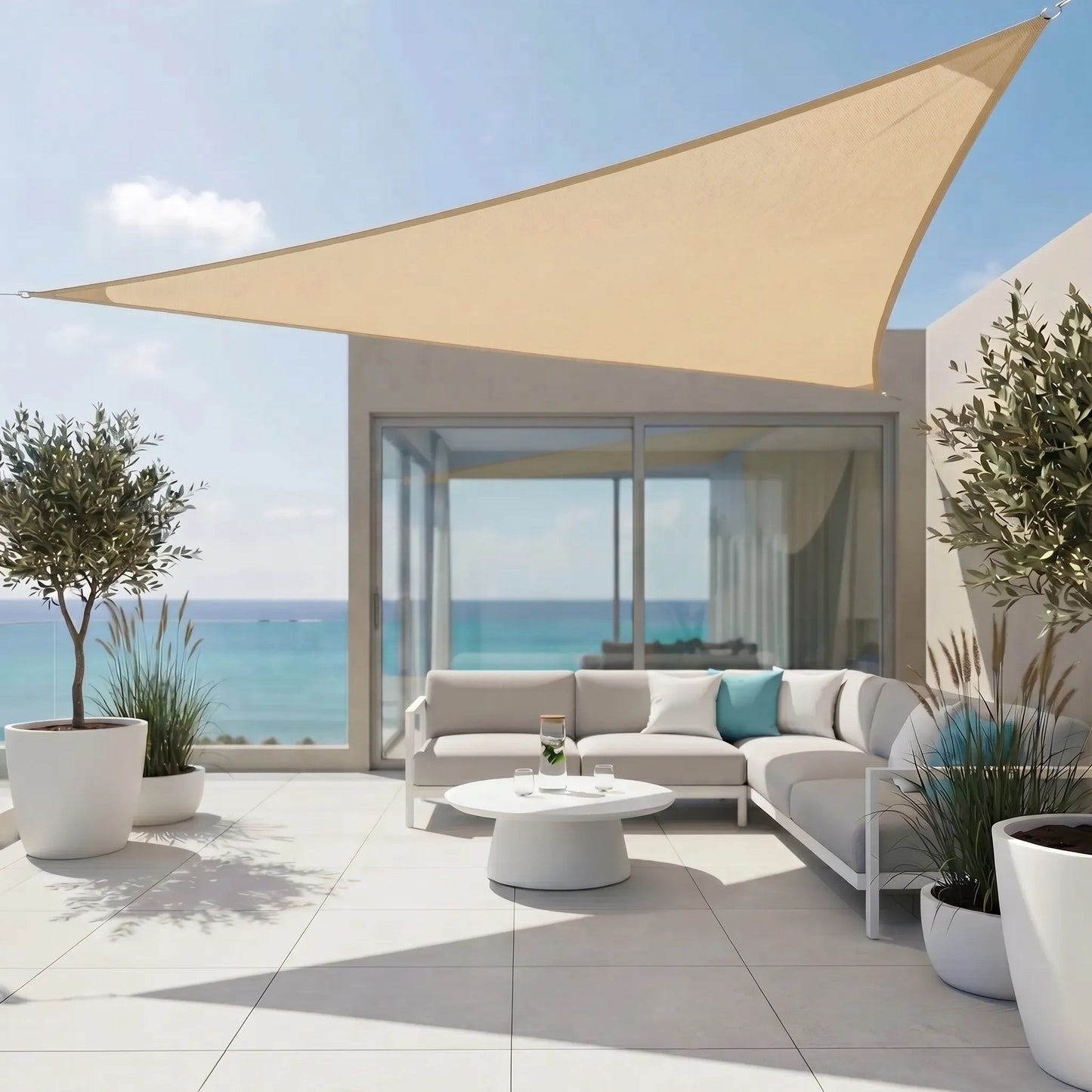 Wasserdichtes Sonnensegel Beige | Dreieckiger Sonnenschutz für Balkon 1