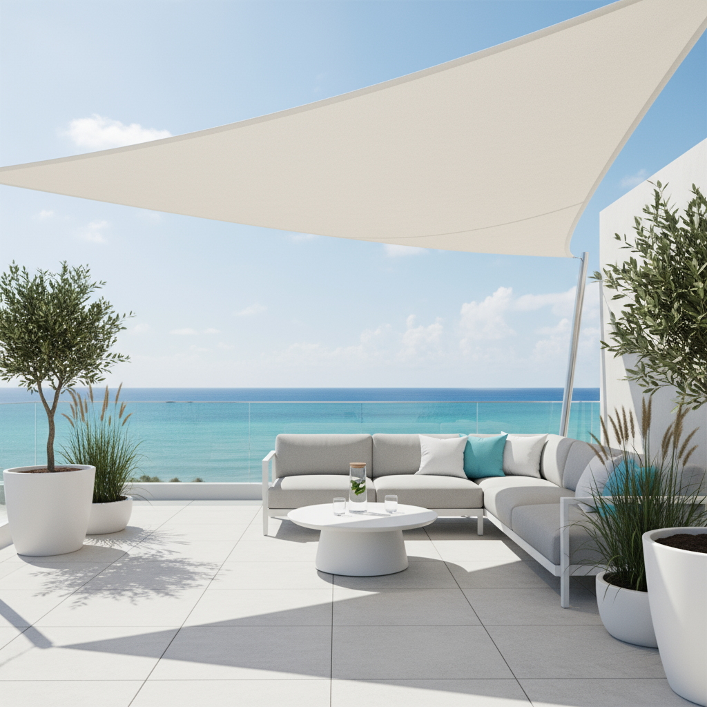 Wasserdichtes Sonnensegel Beige | Dreieckiger Sonnenschutz für Balkon 4